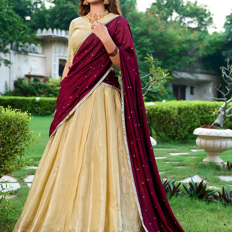 Cream Color Zari Weaving Work Kanchipuram South Indian Lehenga Choli