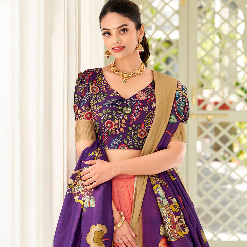 Peach Color Kalamkari Print With Weaving Border Dola Silk Lehenga Choli