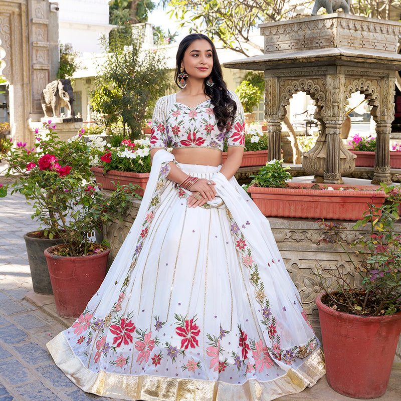 White Color Sequins And Thread Embroidery Work Georgette Lehenga Choli