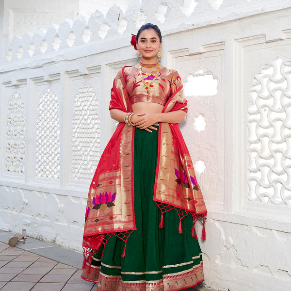 Green Color Plain With Paithani Lace Border Vichitra Silk Lehenga  Choli