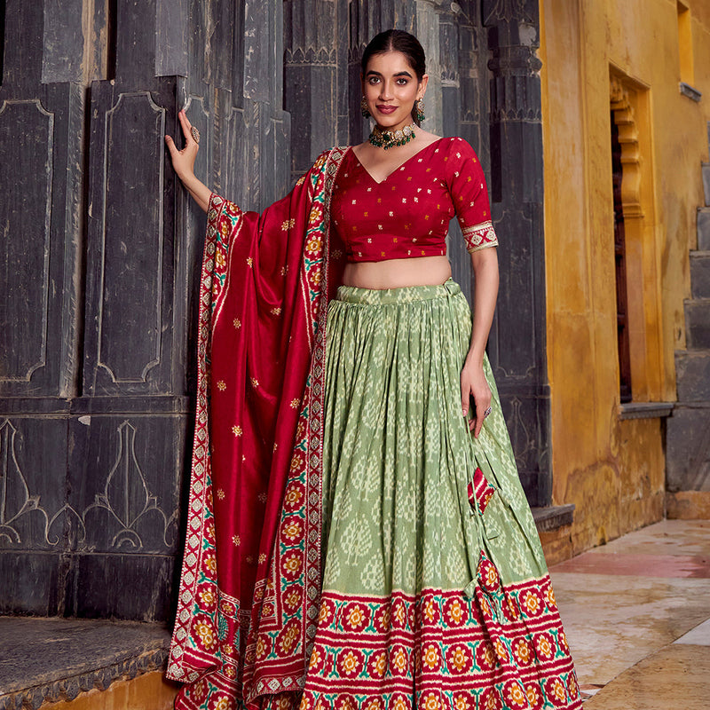 See Green Color Ikkat Patola Printed Tasar Silk Lehenga Choli