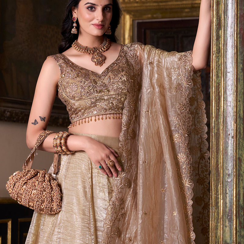 Chiku Color Sequins And Embroidery Work With Gold Crush Lehenga Choli