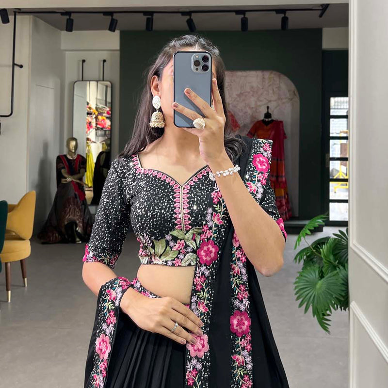 Black Color Sequins With Thread Embroidery Work Georgette Lehenga Choli