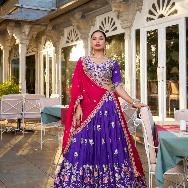 Purple Color Sequins And Thread Embroidery Work Vichitra Silk Lehenga Choli