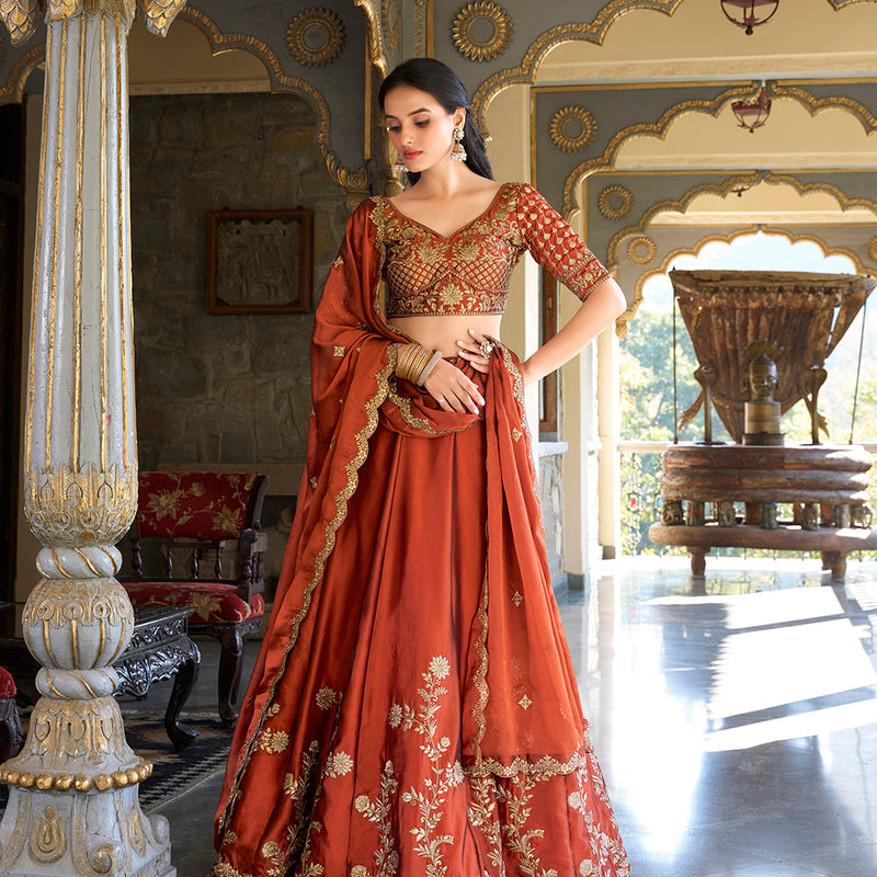 Rust Orange Color Sequins And Thread Embroidery Work Rangoli Silk Lehenga Choli