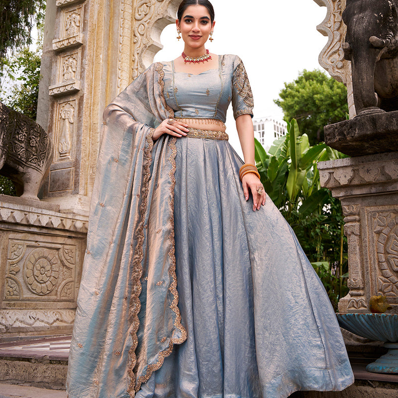Sky Blue Color Sequins And Thread Embroidery Work Belt Fendi Lehenga Choli
