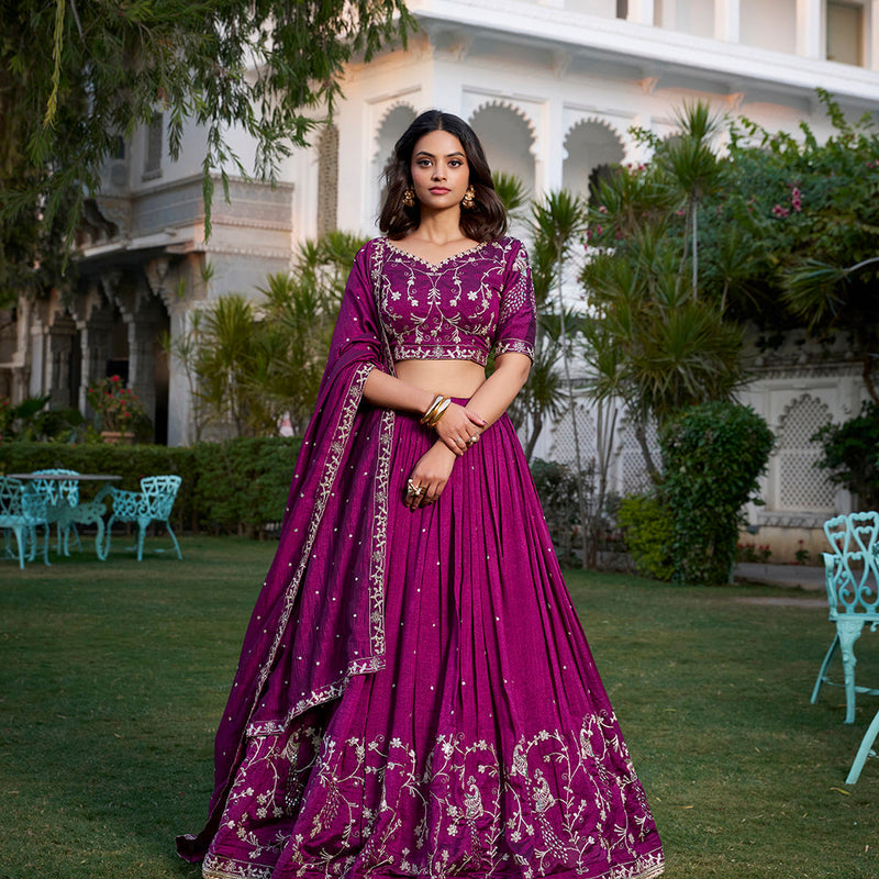 Wine Color Sequins And Thread Embroidery Work Vichitra Silk Lehenga Choli