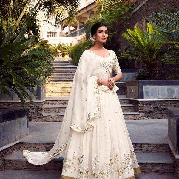 Off White Color Sequins And Embroidery With Foil Work Silver Glosy Lehenga Choli