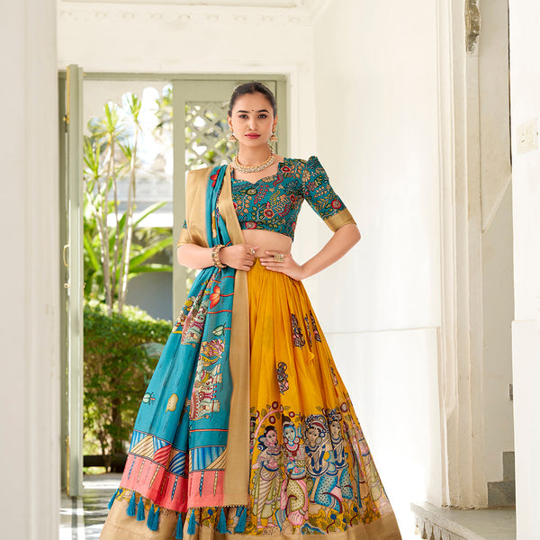 Yellow Color Kalamkari Print With Weaving Border Dola Silk Lehenga Choli