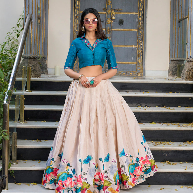 Off White Color Floral Printed Tasar Silk Co-ord Set Lehenga Choli