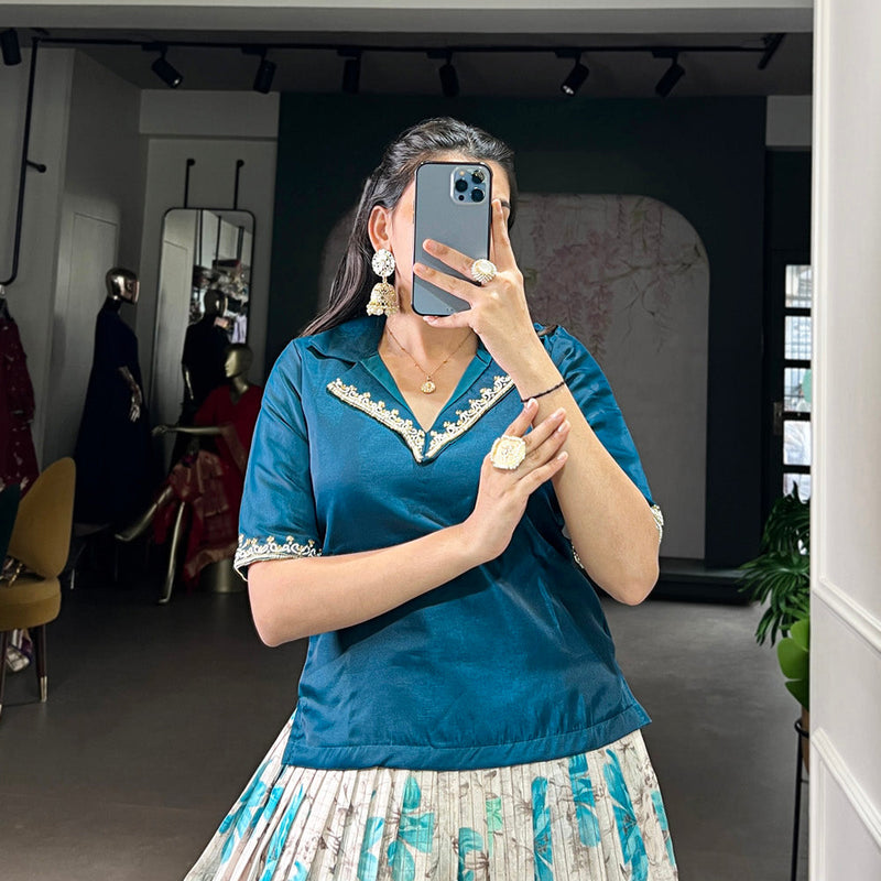 Teal Color Floral Print With Zari Weaving Work Dola Chex Co-Ord Set