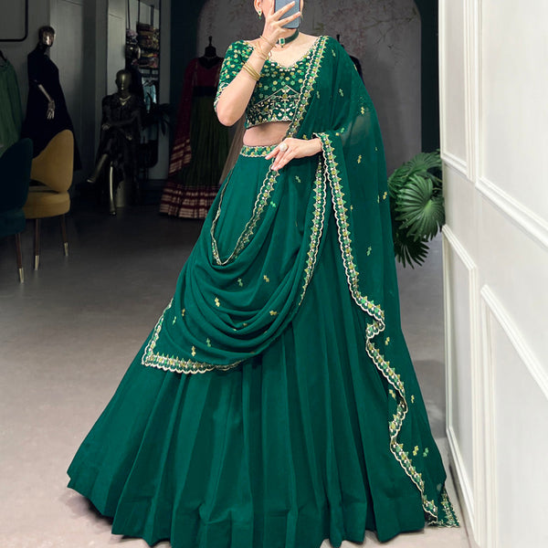 Bottle Green Color Thread Embroidery Work Georgette Lehenga Choli