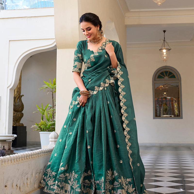 Teal Color Sequins and Thread Embroidery Work Gold Crush Lehenga Choli
