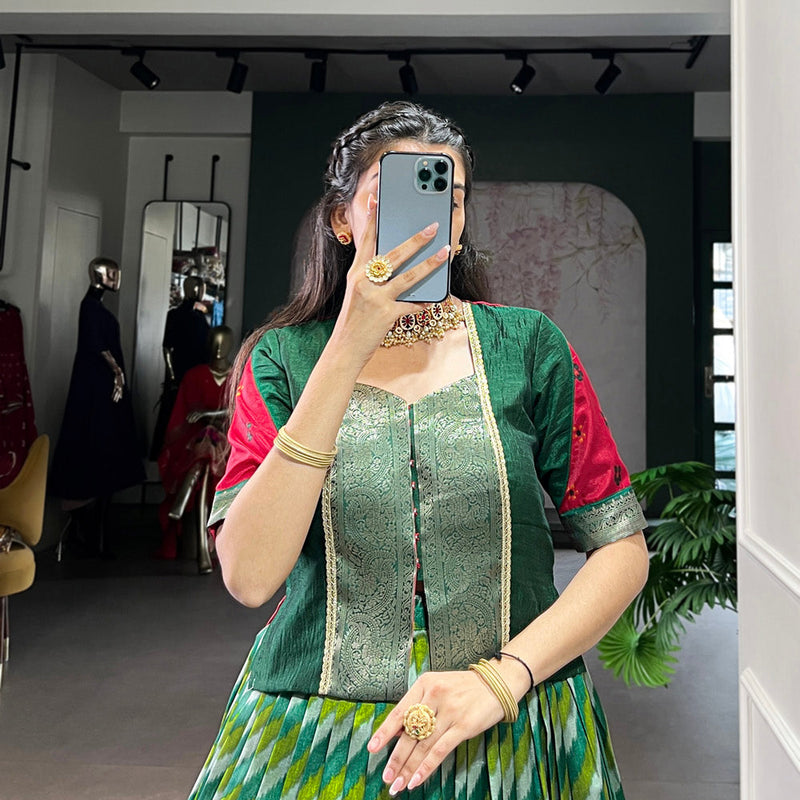 Green Color Leheriya Print With Zari Weaving Work Tasar Silk Co-Ord Set