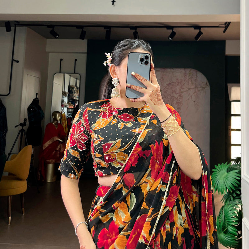 Black Color Floral Printed Marbel Chaniya Choli