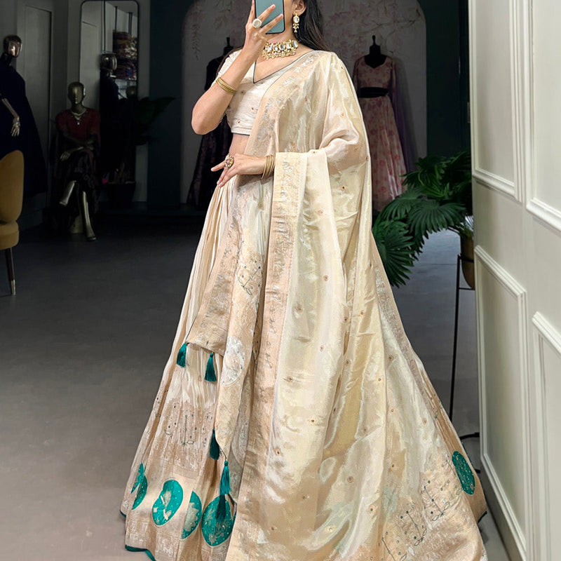 Bottle Green Color Mirror And Bids (Moti) Handwork Shimmer With Weaving Work Lehenga Choli
