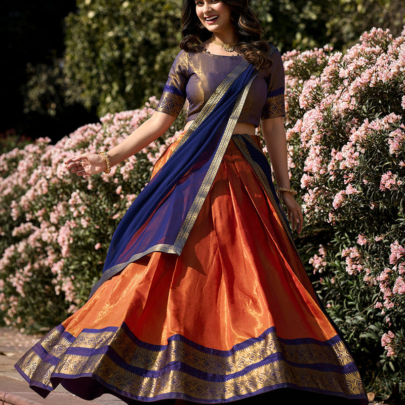 Orange Color Zari Weaving Work Kanchipuram Pattu Lehenga  Choli
