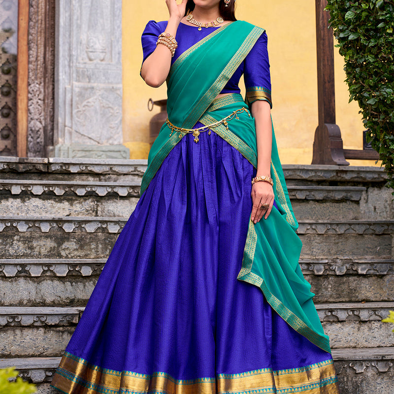 Royal Blue Color Zari Weaving Work Poly Cotton Lehenga choli
