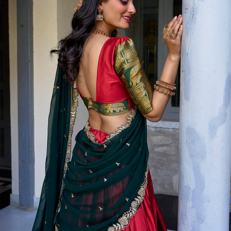 Red Color Zari Weaving Work Narayan Pattu Lehenga Choli