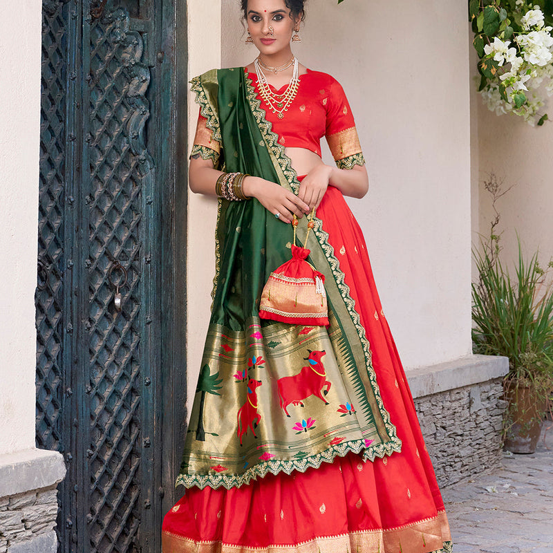 Red Color Zari Weaving Work Jacquard Silk (Paithani) Lehenga Choli