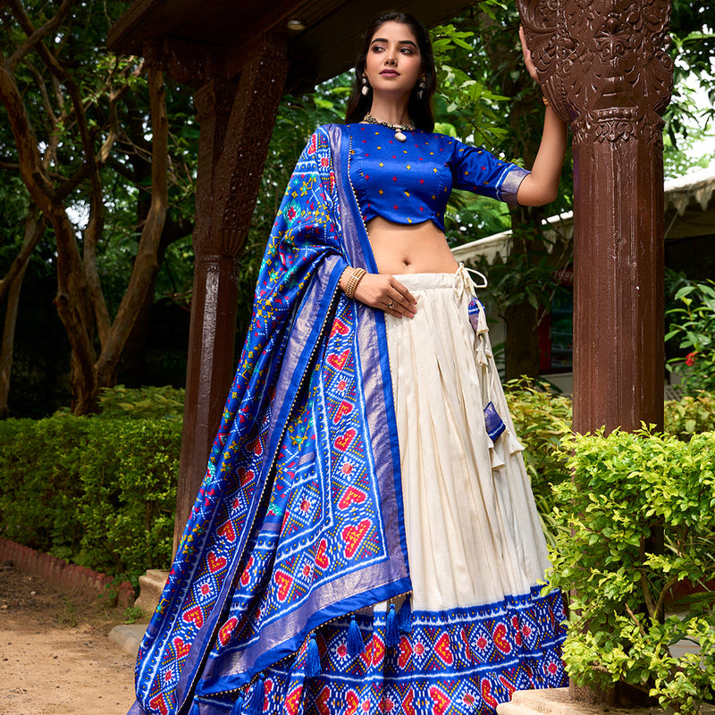 Royal Blue Color Patola Print With Tasar Silk Lehenga Choli