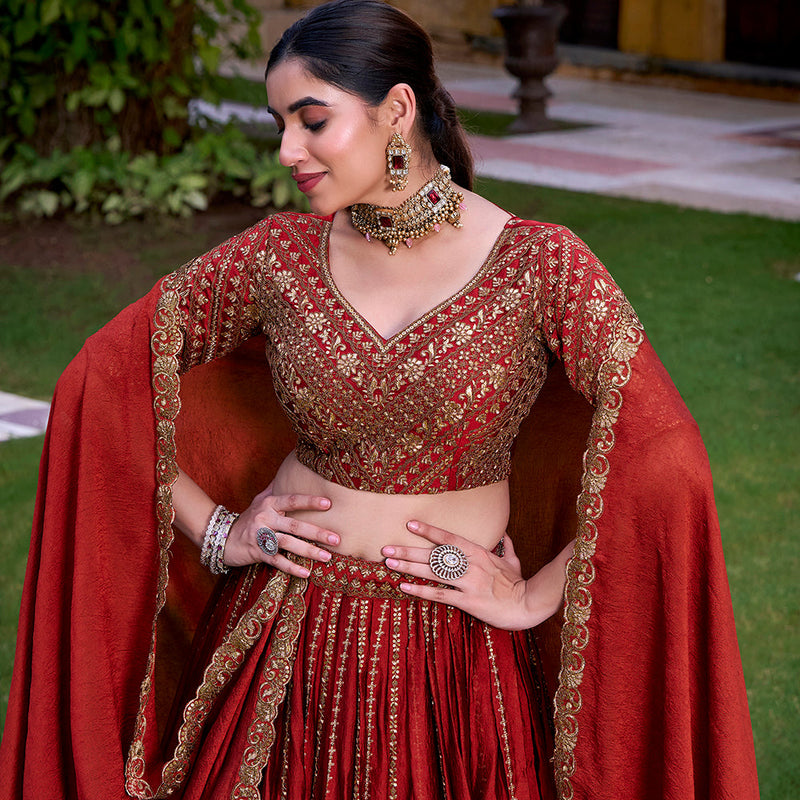 Rust Orange Color Sequins And Thread Embroidery Work Rangoli Crush Lehenga Choli