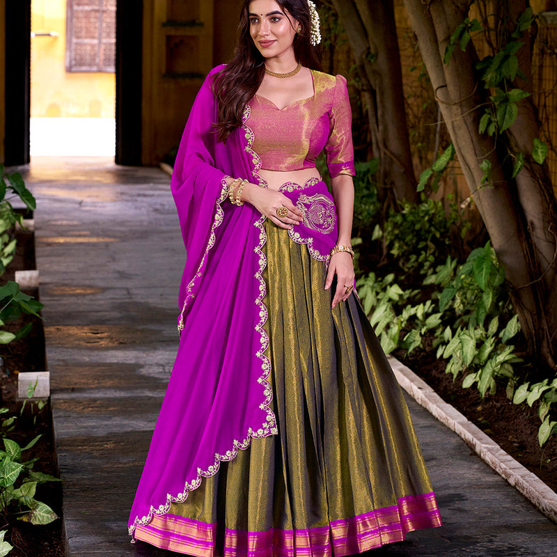 Pink Color Sequince And Thread Embroidery Work Kanchipuram Lehenga Choli