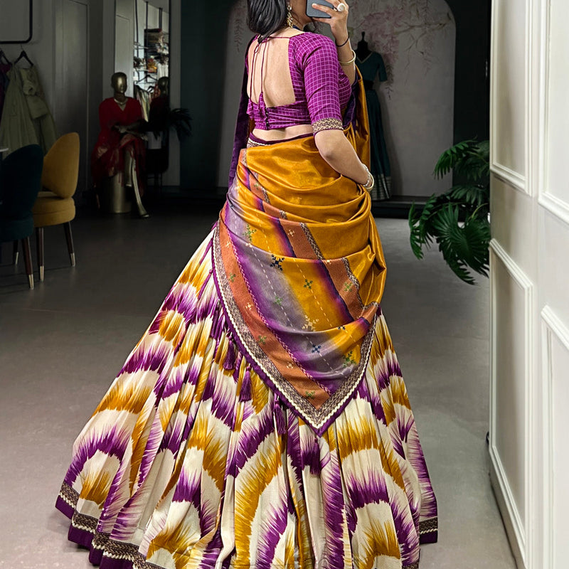 Wine Color Tie And Dye Printed Tasar Silk Lehenga Choli
