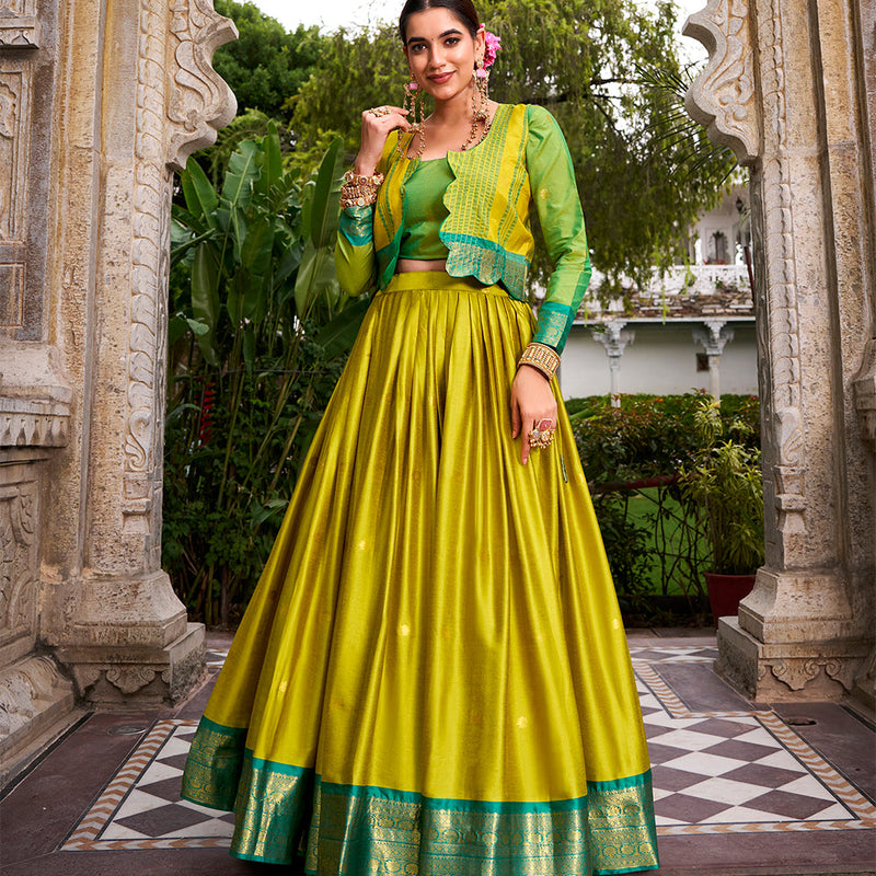 Parrot Color Zari Weaving Work Poly Cotton Lehenga Choli