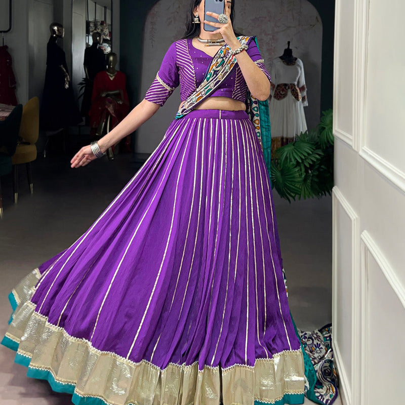 Purple Color Zari Weaving Work With Embossed Design Chanderi Lehenga Choli