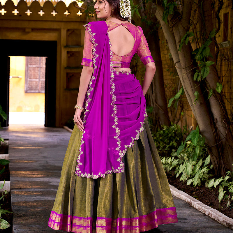 Pink Color Sequince And Thread Embroidery Work Kanchipuram Lehenga Choli