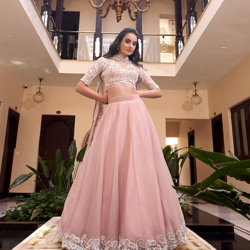 Pastel Pink Color Pearl Coding And Sequins Embroidery Work Weone Silk Lehenga Choli