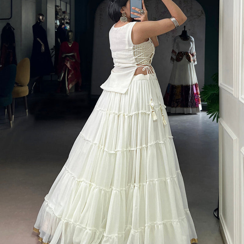 White Color Embossed Design Lace Border Marbel Chaniya Choli