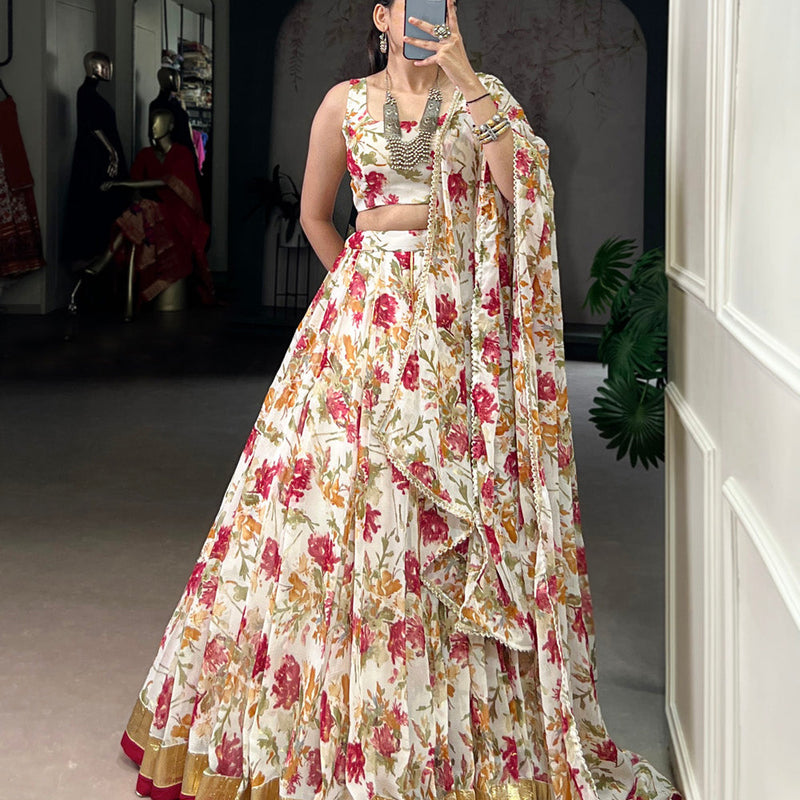White Color Floral And Foil Print With Embossed Design Chiffon Ghaghra choli