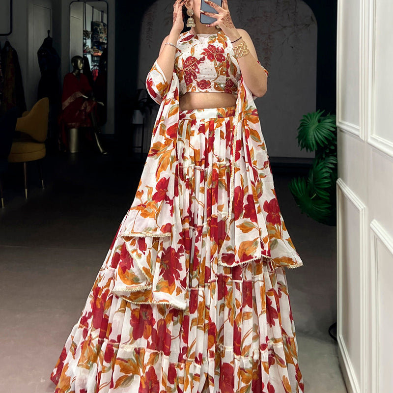 White Color Floral Printed Marbel Chaniya Choli