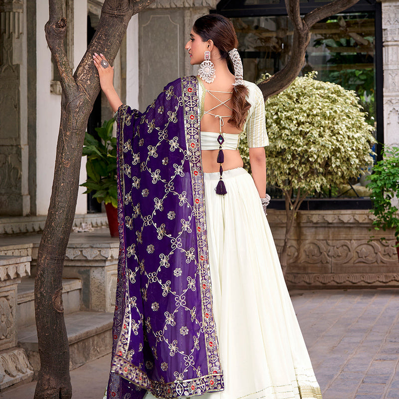 White Color Zari Weaving Work With Lace Touch Up Rayon Lehenga choli