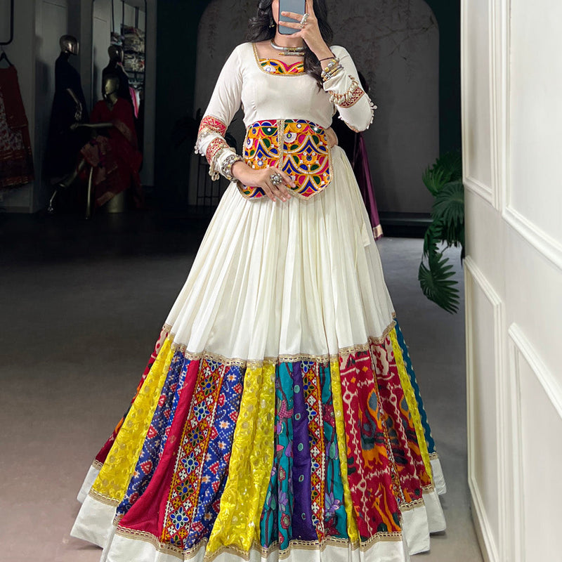 White Color Multi Patch With Lace Touch Up Rayon Chaniya Choli