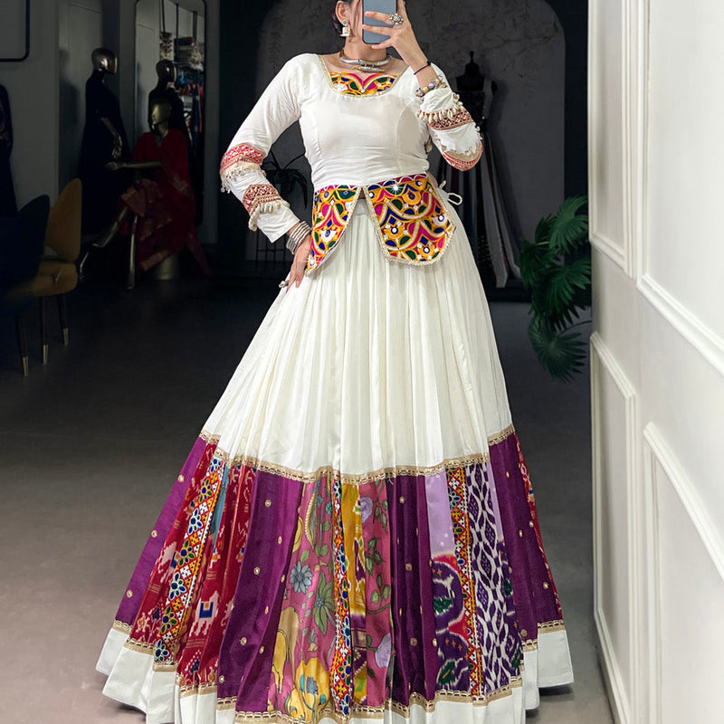 White Color Multi Patch With Lace Touch Up Rayon Chaniya Choli