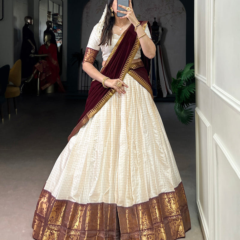 White Color Chex With Zari Weaving Work Poly Cotton Wedding Lehenga Choli