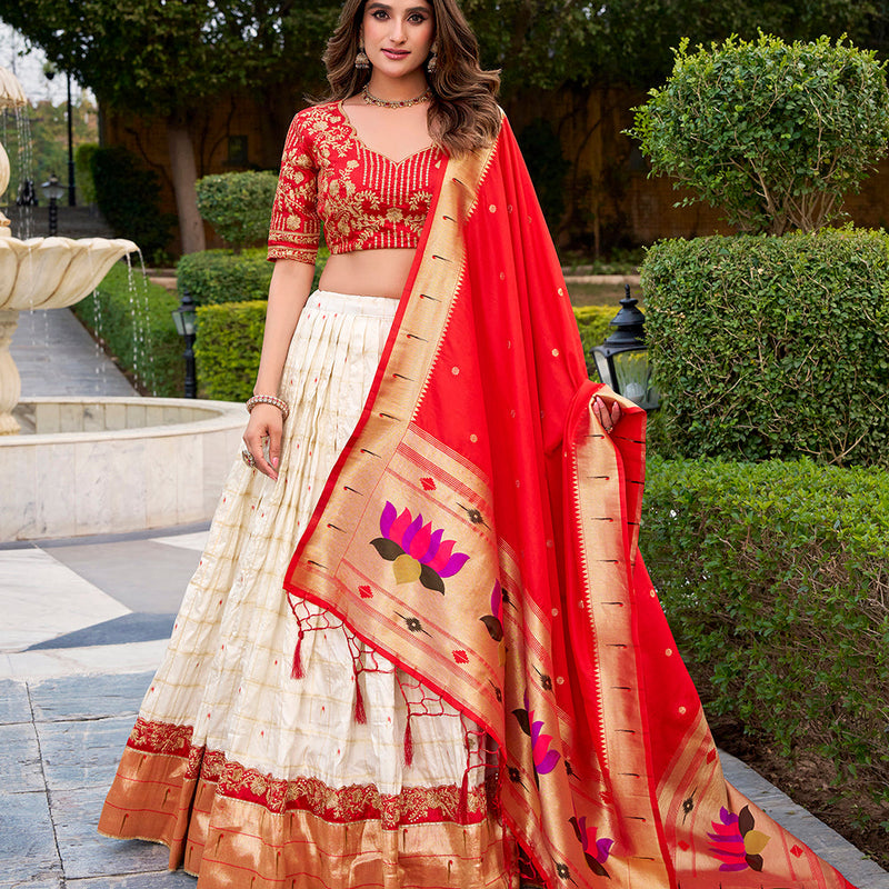 White Color Zari Weaving Paithani Lehenga