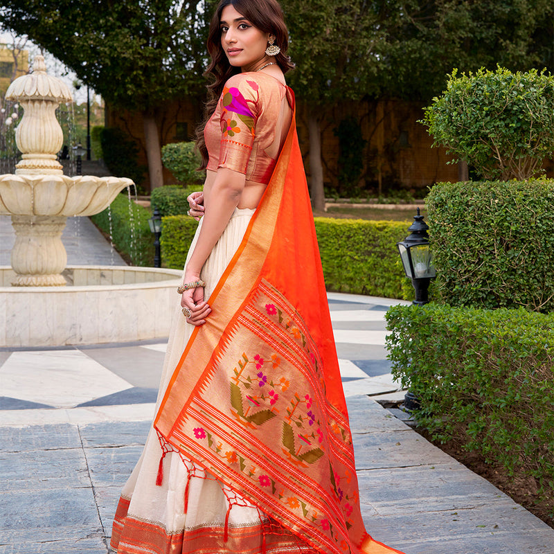 White Color Zari Weaving With Lace Border Vichitra Silk Lehenga Choli