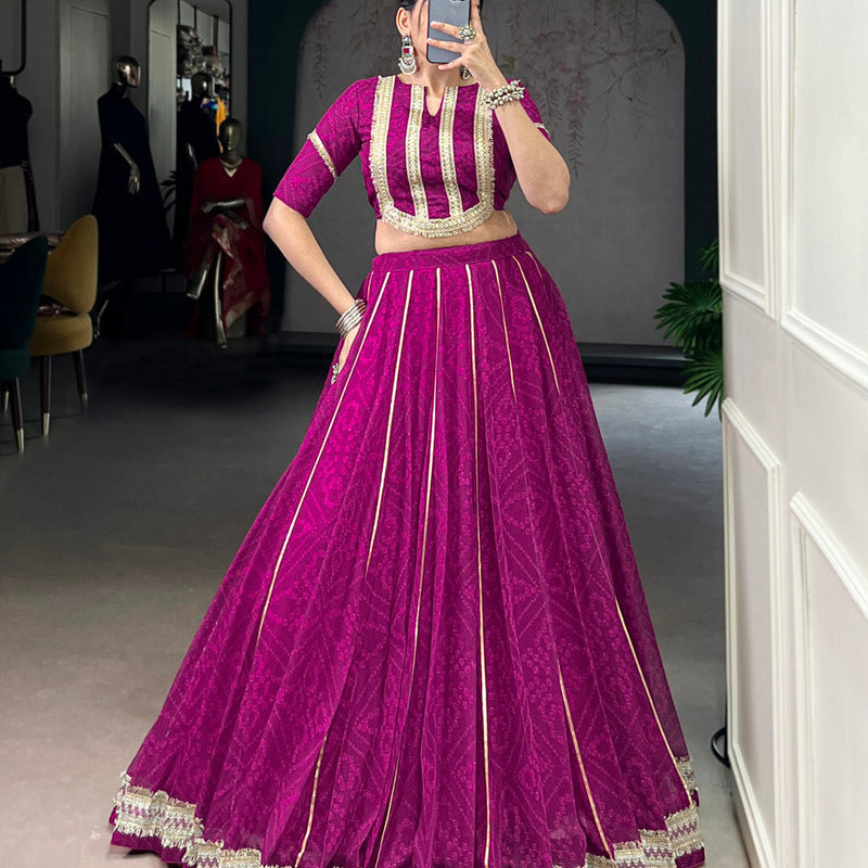 Wine Color Bandhej Print With Lace Touch Up Chiffon Chaniya Choli