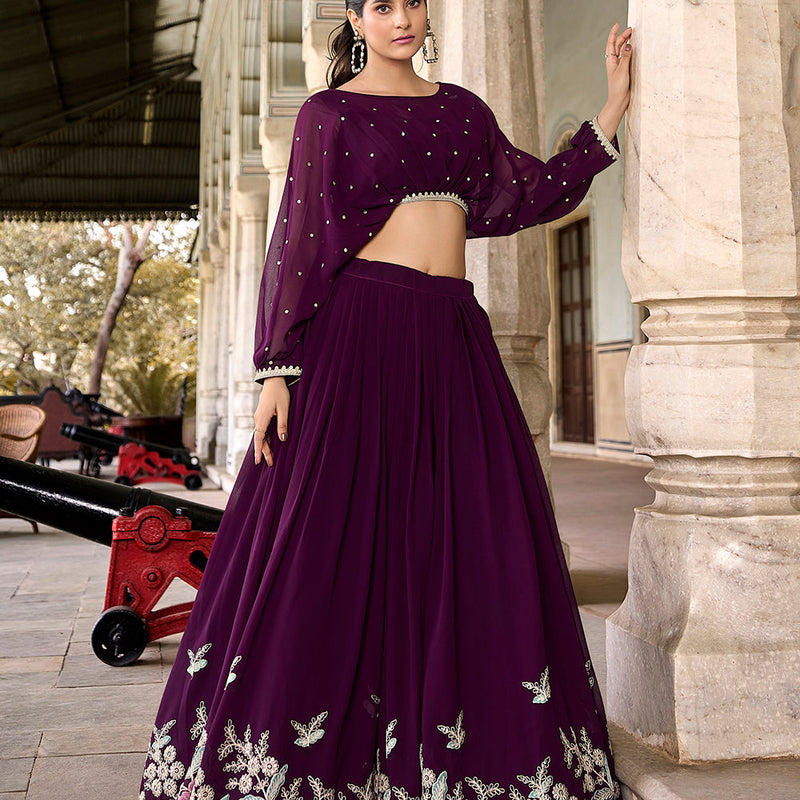 Wine Color Sequins And Thread Embroidery Work Georgette Co-ord Set Lehenga Choli