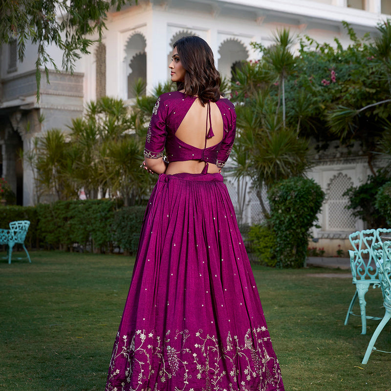 Wine Color Sequins And Thread Embroidery Work Vichitra Silk Lehenga Choli