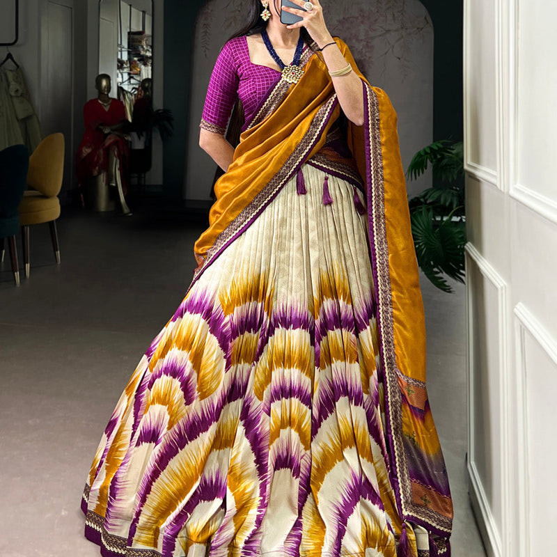 Wine Color Tie And Dye Printed Tasar Silk Lehenga Choli