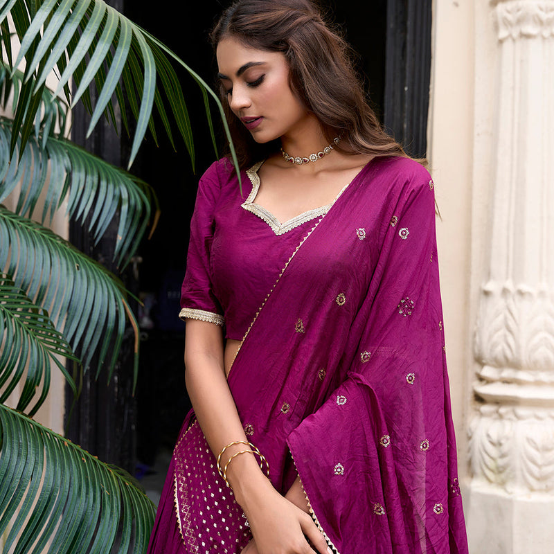 Wine Color Plain With Zari Weaving Work Chanderi Lehenga Choli