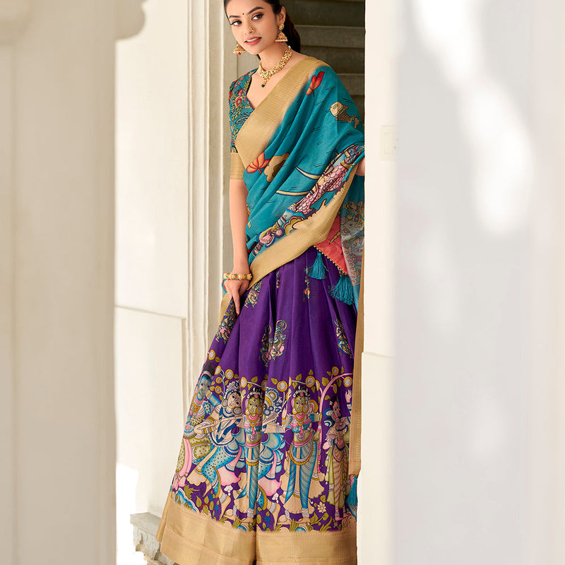 Purple Color Kalamkari Print With Weaving Border Dola Silk Lehenga Choli
