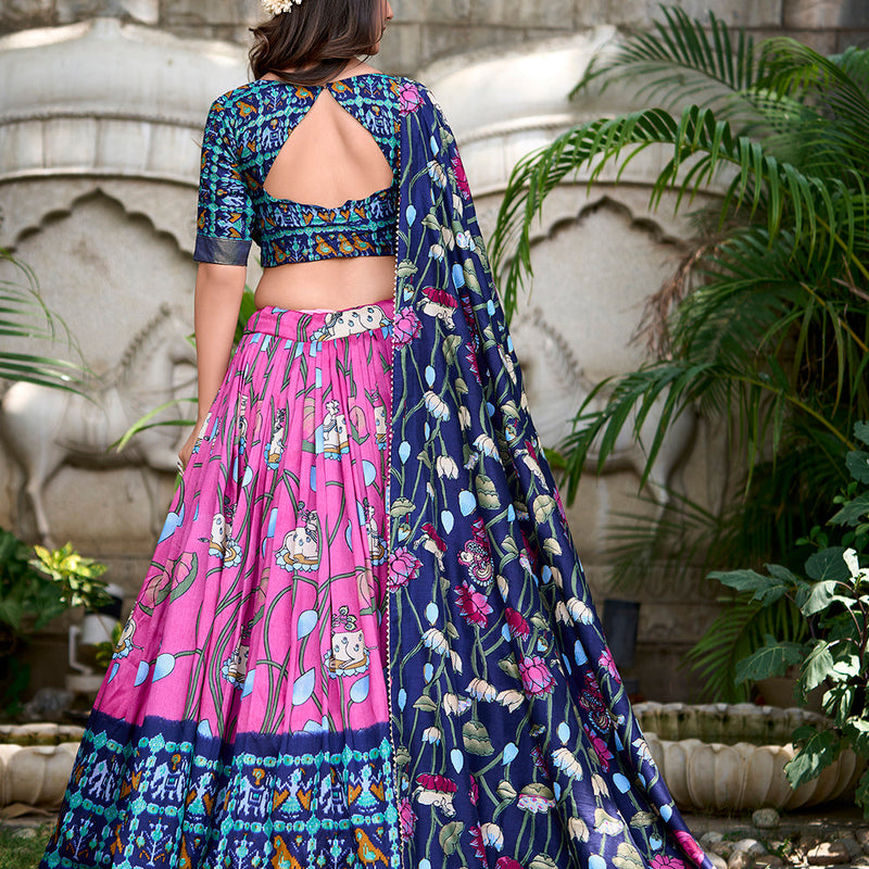 Pink Color Pichwai With Patola Print And Zari Weaving Border Tasar Silk South Lehenga Choli