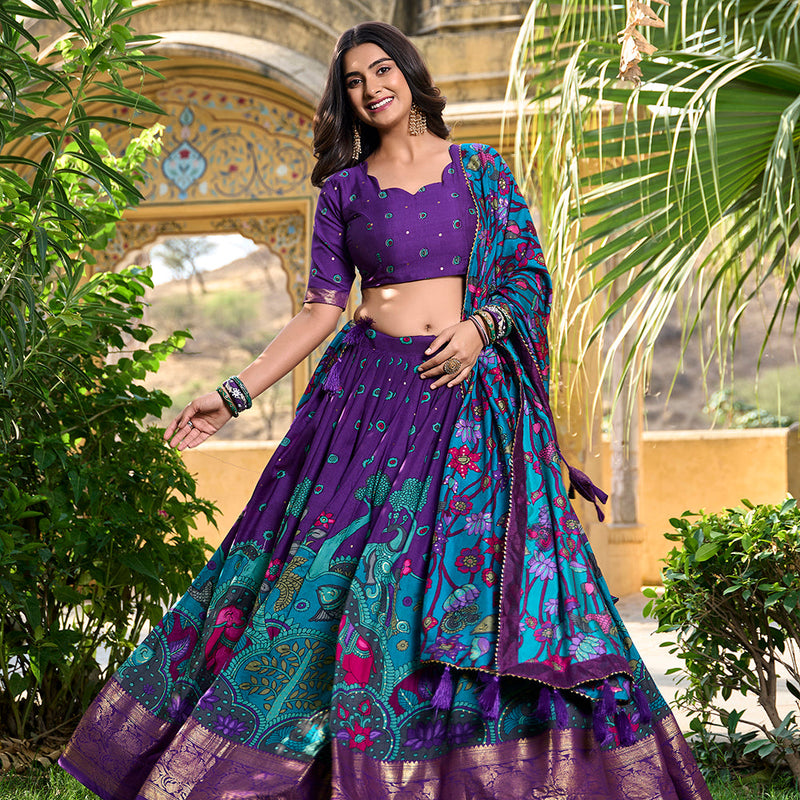 Purple Color Kalamkari Print With Foil Work Tasar Silk Lehenga Choli