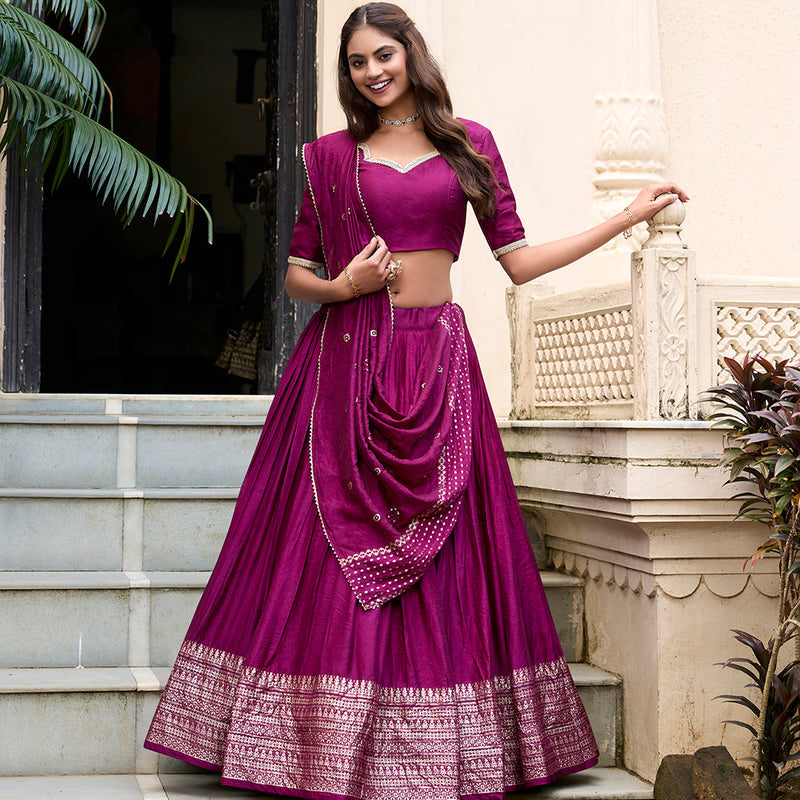 Wine Color Plain With Zari Weaving Work Chanderi Lehenga Choli